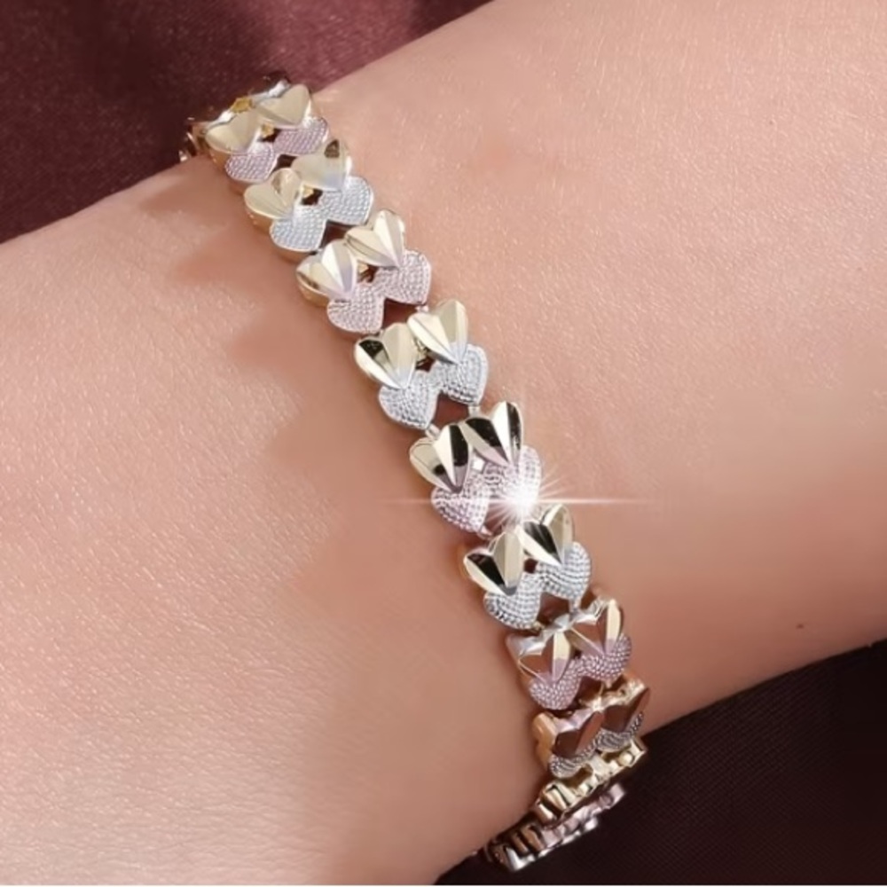 Heart Tricolor Silver Gold & Rose Gold Toned Tennis Bracelet
